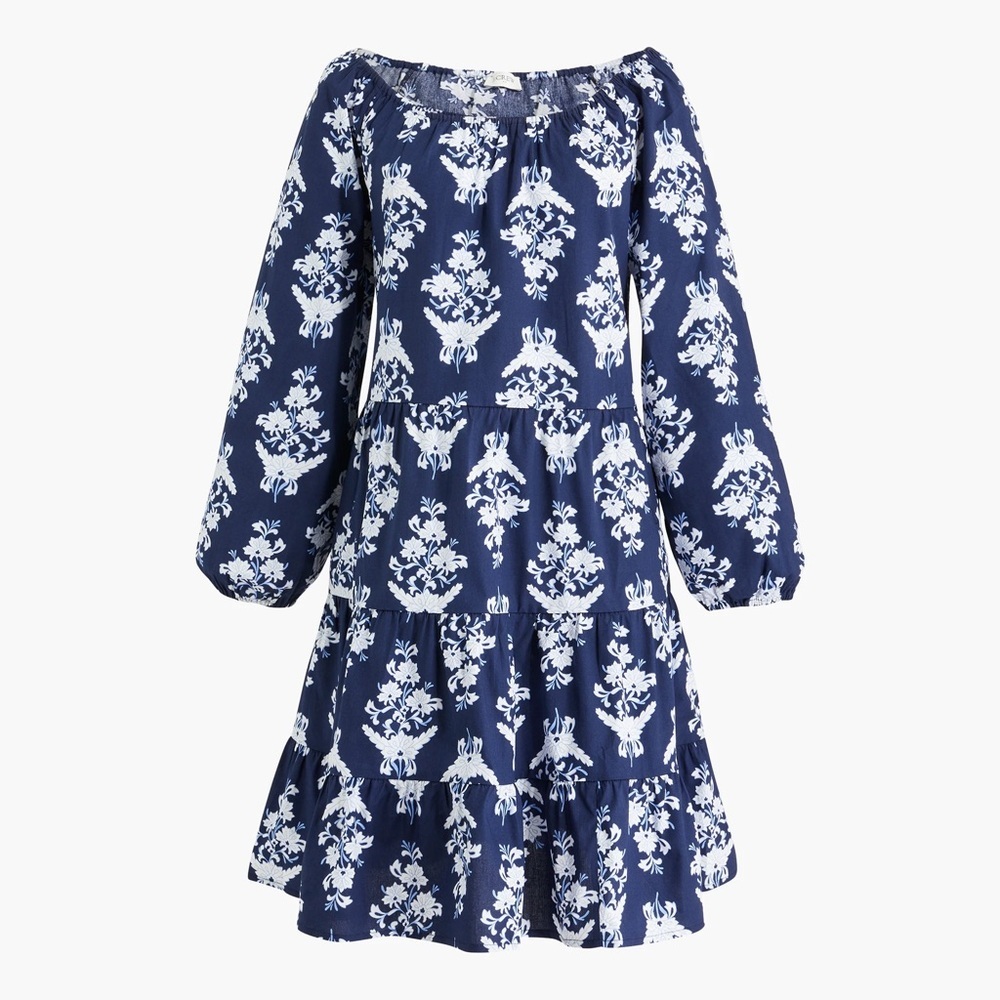 J. Crew Navy and White Floral Long-Sleeve Tiered Dress